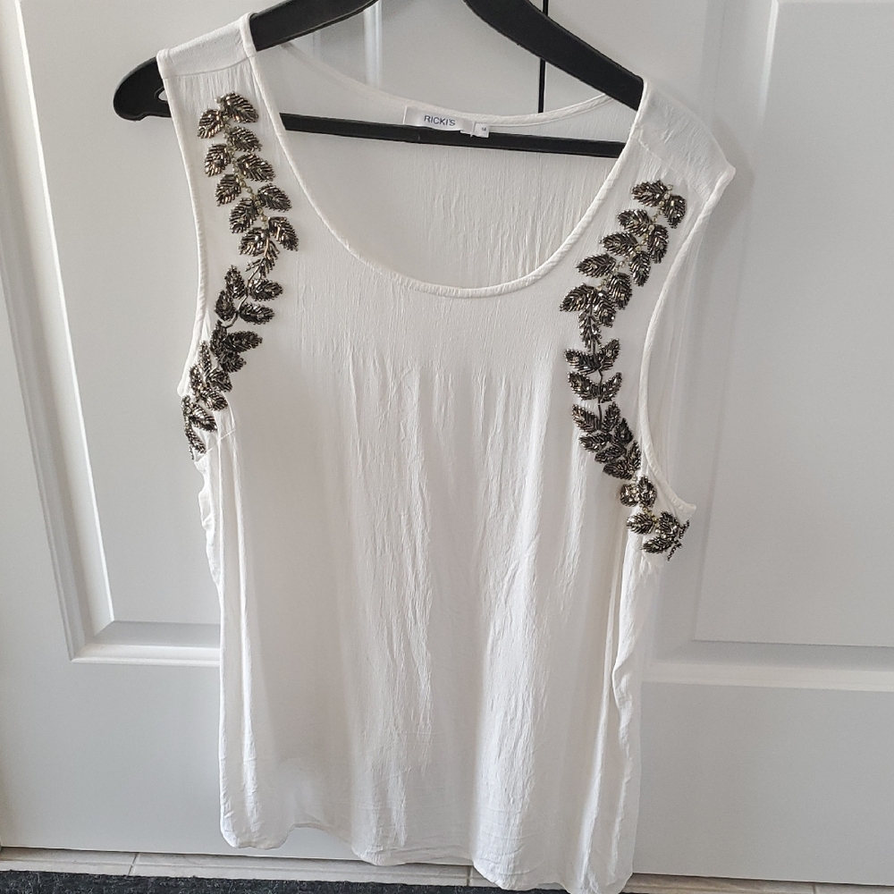 Ricki's White Tank Top with Gold Leaf Embellishments